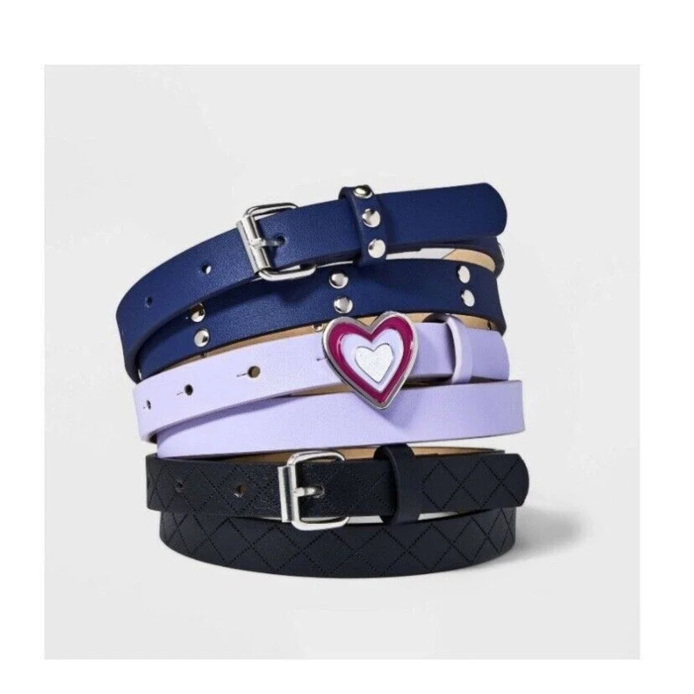 Cat & Jack Blue/Purple/Black Girls 3pk Heart Buckle Studded Embossed Belt Set XL